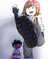 drawing giantess color bunny brunette short_hair phone unaware boot waving raised_foot imminent_foot_crush hair_pin