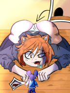 drawing cat saliva cat_ears mouse crawling shrunken_man looking_down open_mouth cat_girl mouse_boy imminent_vore mouse_ears