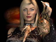 giantess blonde blue_eyes small_men handheld entrapment sunset looking_at_viewer hanging_on digital_render