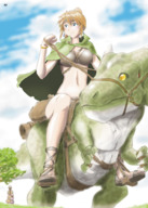 drawing giantess color blue_eyes bra brunette dinosaur sandals riding cape source_needed bikuta