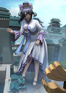 giantess crush horns black_hair destruction final_fantasy embarrassed dress short_hair walking accidental_crush headdress xivau mawa