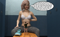 gentle blonde barefoot cleavage bra shoes story sitting shrunken_man standing pants undressing manicure bench dialogue locker_room digital_render narration aaabbbzzz