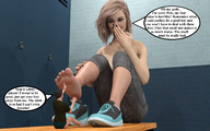 gentle feet blonde barefoot shoes domination story socks sitting shrunken_man pants smelly manicure bench dialogue locker_room digital_render narration aaabbbzzz