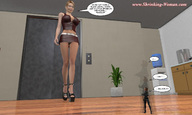 blonde clothed cleavage high_heels glasses shrinking red_hair office walking shrunken_woman looking_down ilayhu costume dialogue mini_skirt black_widow digital_render marvel_comics
