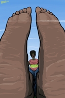 drawing giantess feet mega black_hair color clothed toes barefoot soles jeans sitting airplane dark_skin sky yellowfeather point_of_view necklace looking_at_viewer