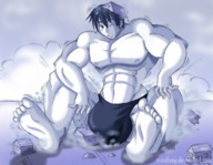 drawing destruction giant male barefoot short_hair sitting muscles bulge mindloop outdoors