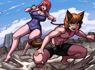 drawing giantess city color swimsuit destruction giant barefoot huge_breasts couple foot_crush shorts leash gareit0