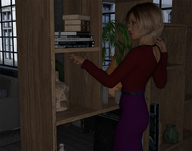 blonde clothed short_hair shrunken_man books indoors runswithferrets plants digital_render