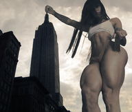 breasts giantess collage mega destruction buildings muscles belly looking_down clouds athletic sky tattoo point_of_view looking_at_viewer new_york_city empire_state_building thick_thighs navel_ring redcoffee1 bakhar_nabieva