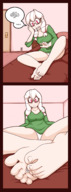 drawing gentle white_hair panties comic long_hair toes barefoot soles glasses red_eyes smiling looking_down between_toes dialogue panels jj-psychotic foot_sandwich