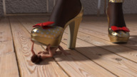 breasts nipples nude long_hair barefoot high_heels brunette domination foot_crush nylons shrunken_woman floor digital_render vorifax