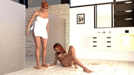 nude large_breasts butt_crush smiling lying_down foot_crush looking_down bathroom indoors crlvr towel digital_render