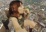 giantess collage city long_hair barefoot red_hair sitting outdoors closed_eyes