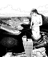 giantess nude monochrome ocean buildings cruise_ship harbor towing