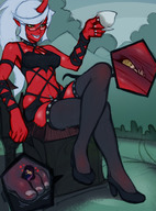 drawing giantess white_hair color long_hair destruction high_heels glasses stockings smiling in_shoe ponytail sitting demoness shrunken_woman looking_down trapped between_toes choker teacup red_skin skimpy_clothing panty_and_stocking_with_garterbelt kneesocks_(panty_and_stocking) panty_(panty_and_stocking) stocking_(panty_and_stocking) kononiko