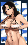 giantess nude blushing large_breasts blue_eyes bondage looking_down open_mouth palm_tree cupping_breast human_clothing kentai_angel