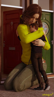 gentle giantess clothed brunette mini_giantess sitting amazon hugging doorway embrace digital_render