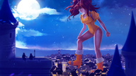 drawing giantess city color large_breasts cleavage brunette purple_eyes castle moon pigtails looking_down leotard angelgts seven_deadly_sins diane_(seven_deadly_sins)