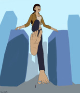 drawing giantess city long_hair clothed barefoot brunette smiling ponytail walking looking_down outdoors nail_polish raised_foot giantwaifus