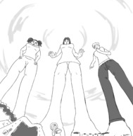 drawing giantess upskirt monochrome large_breasts barefoot low_angle short_hair pigtails looking_down giantesses giantwaifus