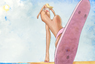 drawing giantess blonde color long_hair beach blood foot_crush walking unaware outdoors flip_flops buggysplat