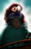 breasts drawing giantess vore mega color tongue mouth cleavage mermaid red_hair open_mouth between_fingers disney ships ariel the_little_mermaid looking_at_victim seashell_bra kisparlius mass_vore