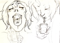 drawing vore blushing monochrome tongue crow glass spitting shrunken_man sketch open_mouth pencil