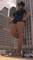 breasts giantess crush city mega handheld toes barefoot buildings street police foot_crush hand legs vehicles leaning_against_building under_foot pedicure manicure belt justice thick_thighs digital_render amgipi criminals police_officer