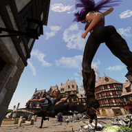 giantess blonde long_hair destruction clothed purple_hair angry fighting giantesses outdoors running_away digital_render johnnyscribe