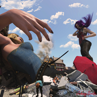 giantess blonde long_hair destruction purple_hair fighting giantesses smoke outdoors digital_render johnnyscribe