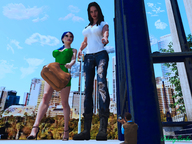 collage long_hair high_heels blue_hair dress boots walking shrunken_man looking_down outdoors purse pointing digital_render open_toe johnnyscribe