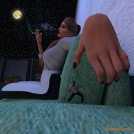 moon sitting smoking unaware shrunken_man hiding outdoors long_nails nail_polish purple_nails digital_render johnnyscribe