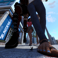 upskirt low_angle boots sandals walking unaware sneakers shrunken_person outdoors digital_render johnnyscribe falling_over