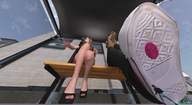 blonde black_hair long_hair high_heels glasses low_angle sitting unaware dark_skin outdoors stuck_to_shoe digital_render open_toe johnnyscribe