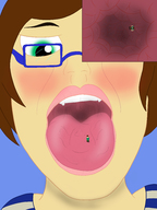 drawing vore blushing color tongue glasses short_hair looking_down open_mouth on_tongue no_background mesa123