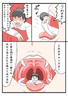 drawing vore glasses blue_hair smiling story unknown_artist shrunken_man open_mouth dangle japanese_text between_fingers hairband no_background pinched
