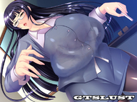 drawing black_hair color long_hair glasses huge_breasts underboob teacher shrunken_man clothing_entrapment