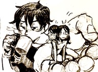 drawing nude blushing monochrome black_hair long_hair handheld short_hair sitting drinking coffee nervous no_background