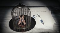domination pet kneeling shrunken_man cage pen captured handcuffs desk digital_render joe_tiny agreement document