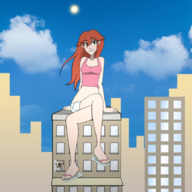 drawing giantess city color long_hair barefoot smiling red_hair sitting looking_up outdoors flip_flops legs_crossed sitting_on_building misterj02