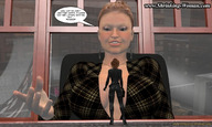 clothed cleavage high_heels domination red_hair sitting shrunken_woman teasing looking_down standing ilayhu desk costume dialogue black_widow digital_render marvel_comics