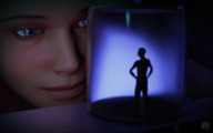 giantess blue_eyes shrunken_man captured looking_at_tiny digital_render joe_tiny