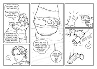 drawing giantess comic monochrome long_hair toes barefoot multiple_sizes story shrunken_man looking_down dialogue panels smushedboy