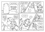 drawing giantess comic monochrome long_hair toes barefoot multiple_sizes story shrunken_man looking_down dialogue panels smushedboy