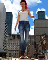 city barefoot buildings green_eyes jeans red_hair ponytail digital_render strolling innocent-owl