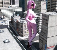 giantess city buildings blood superhero pink_hair tights foot_crush mask superheroine digital_render stuck_on_sole innocent-owl