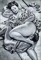 drawing monochrome black_hair long_hair butt barefoot oral domination kimono lying_down bondage amazon japanese female_domination facesitting namio fan thick harukawa