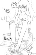 drawing giantess feet monochrome long_hair destruction toes rampage playful tank sitting top saki