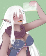 drawing white_hair blushing color long_hair cleavage elf drunk shrunken_man open_mouth jar beer hanging_on winking no_background looking_at_tiny pointed_ears xxxgoom