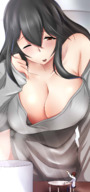 drawing blushing black_hair color large_breasts long_hair clothed cleavage sitting bending_over table shrunken_man looking_down waving loose_clothing sleepy mejiro one_eye_closed メジロ